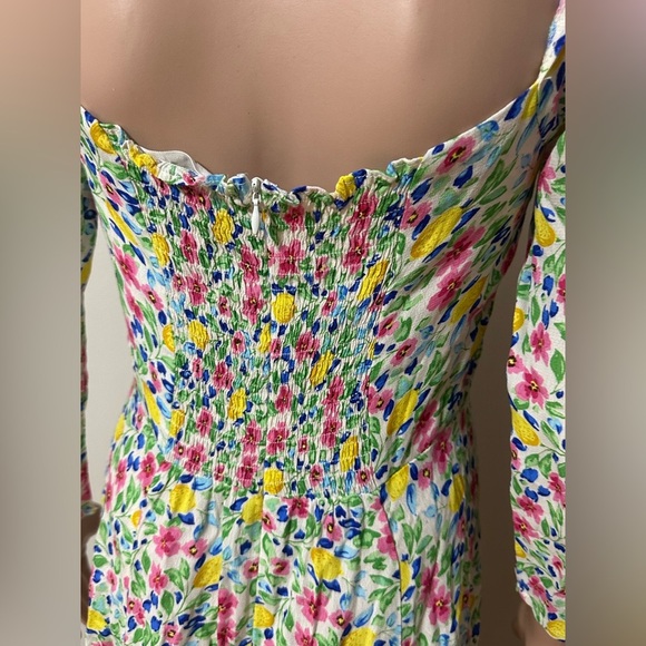 The Native One Dress M Floral Lemons Midi Square Neck Long Sleeve Smocked Back - Picture 5 of 9